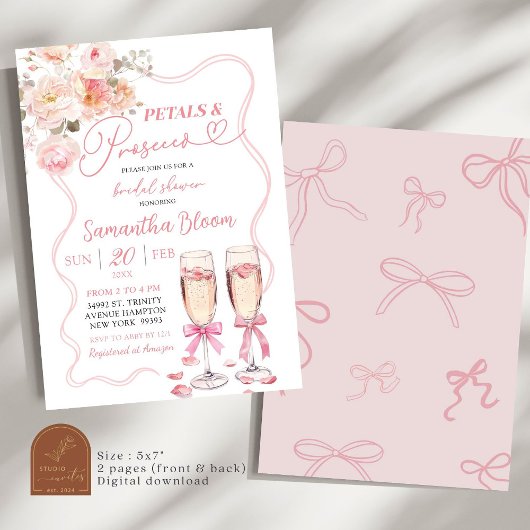 Pink Bow Coquette Petals und Prosecco Einladung