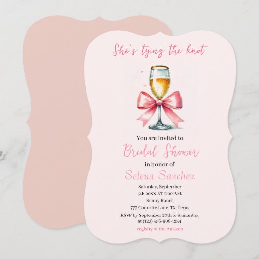Pink Bow Coquette Prosecco Brautparty Einladung (Vorne/Hinten)