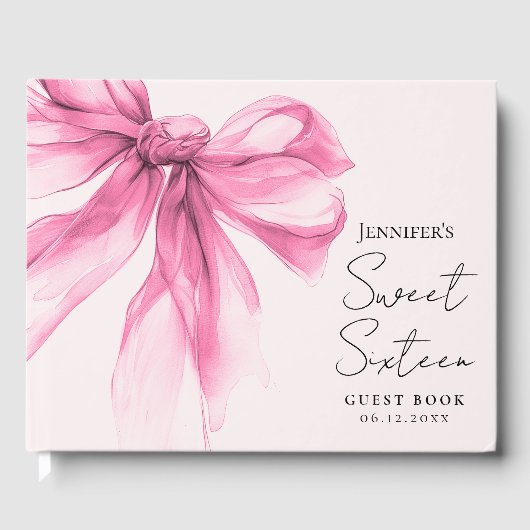 Pink Bow Coquette Script Sweet 16 Blush Gästebuch (Vorderseite)