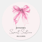 Pink Bow Coquette Script Sweet 16 Party Blush Runder Aufkleber (Vorderseite)