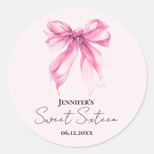 Pink Bow Coquette Script Sweet 16 Party Blush Runder Aufkleber (Vorderseite)