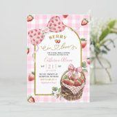 Pink Bow Coquette Strawberry Gingham Bridal Shower Einladung (Stehend Vorderseite)
