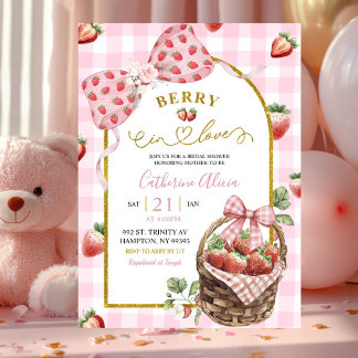 Pink Bow Coquette Strawberry Gingham Bridal Shower Einladung