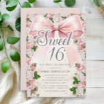 Pink Bow Coquette Vintag Sweet 16 Einladung<br><div class="desc">Eleganter Vintag rosa Coquette-Bogen mit rot-rosa Aquarellblüte (Rose) und bemalten grünen Aquarellfarben Blätter auf rosa Sweet 16 Geburtstagsfeier Einladung mit glitzerndem silberner Glitzer. Kontaktieren Sie mich,  um Hilfe bei Ihren Anpassungen zu erhalten,  um zusätzliche Matching oder Koordination von Zazzle Produkten für Ihre Veranstaltung zu fordern.</div>