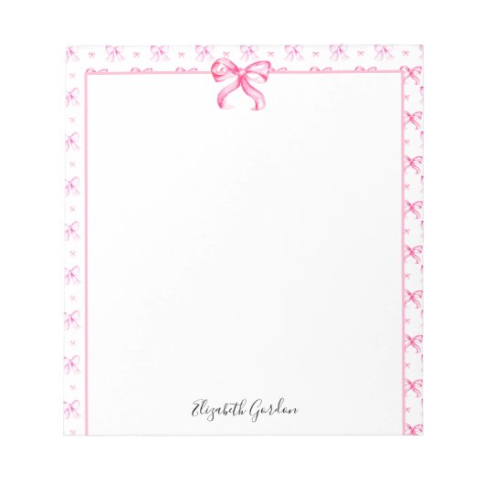 Pink Bow Coquette Watercolor Cute Custom Name Notizblock (Vorderseite)