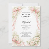 Pink Bow Coquette White Rose Florals Bridal Shower Einladung (Vorderseite)