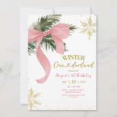 Pink Bow Coquette Winter Onederland Birthday Einladung (Vorderseite)