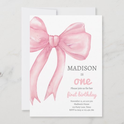 Pink Bow Coquette wird ein Mädchen erster Geburtst Einladung (Vorderseite)