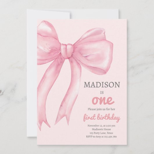 Pink Bow Coquette wird ein Mädchen erster Geburtst Einladung (Vorderseite)