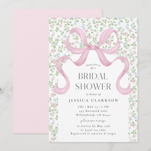 Pink Bow Cotattcore Blumenkohl Brautparty Einladung (Vorne/Hinten)