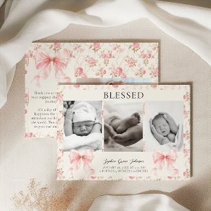 Pink Bow Cottage Floral Gesegnetes Baby-Foto Gebur Ankündigung