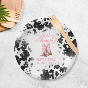 Pink Bow & Cowgirl Boots Coquette Western Geburtst Pappteller