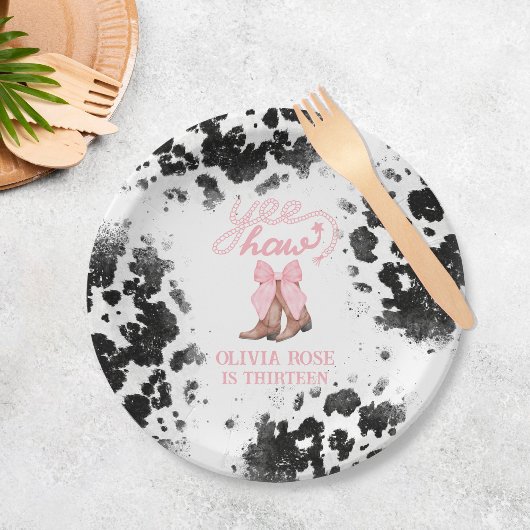 Pink Bow & Cowgirl Boots Coquette Western Geburtst Pappteller