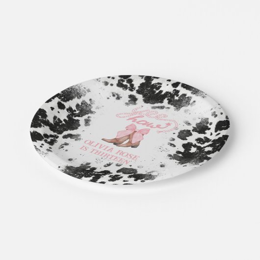 Pink Bow & Cowgirl Boots Coquette Western Geburtst Pappteller (Schrägansicht)