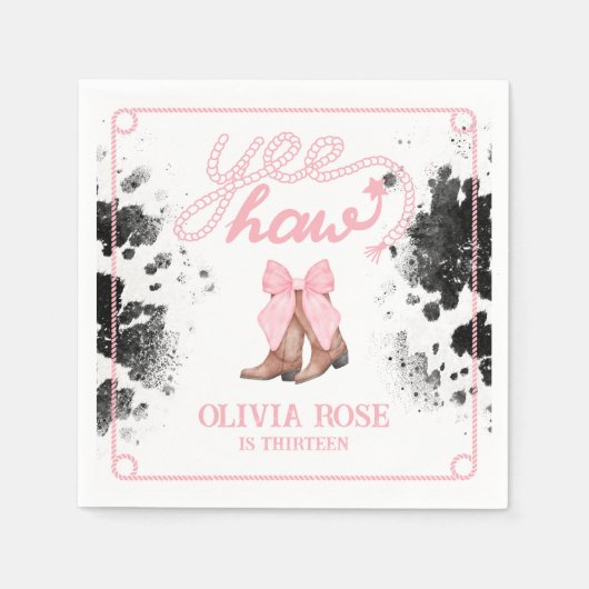 Pink Bow & Cowgirl Boots Coquette Western Geburtst Serviette (Vorderseite)