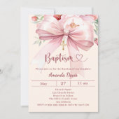 Pink bow cream florals girl Baptism Einladung (Vorderseite)