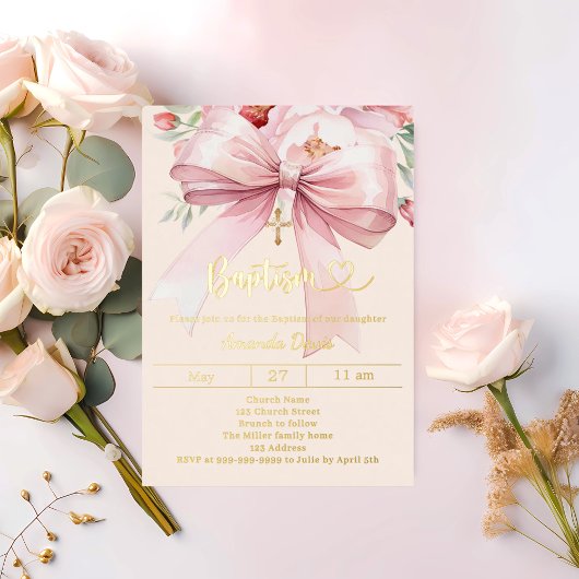 Pink bow cream florals girl Baptism gold Folieneinladung