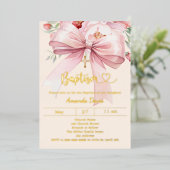 Pink bow cream florals girl Baptism gold Folieneinladung (Stehend vorne)