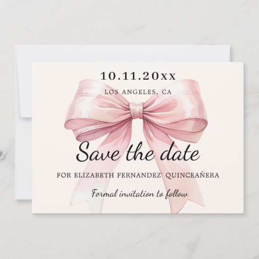 Pink bow cream Quinceanera Save the Date card (Vorderseite)