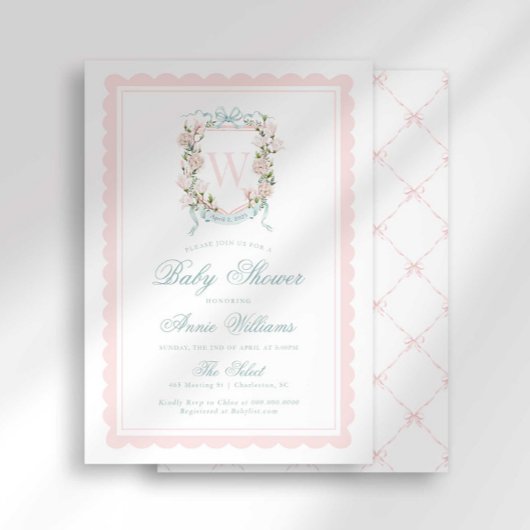 Pink Bow Crest Monogram Baby Shower Einladung