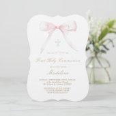 pink bow design First Holy Communion girl Einladung (Stehend Vorderseite)