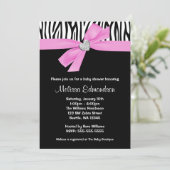 Pink Bow Diamond Heart Zebra Baby Dusche Einladung (Stehend Vorderseite)