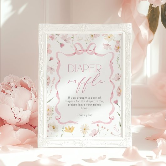 Pink Bow Diaper raffle Wildflower Baby shower Poster