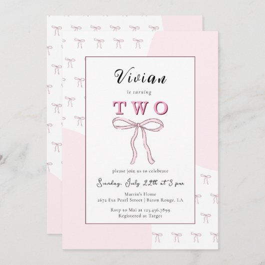 Pink Bow Doodle Girl 2. Geburtstag Einladung (Vorne/Hinten)