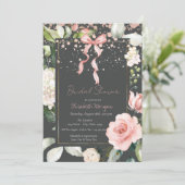 Pink Bow Dots Rose Rose Gold Brautparty Einladung (Stehend Vorderseite)