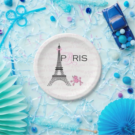 Pink Bow Eiffel Tower Paris France Poodle Party Pappteller (Party)