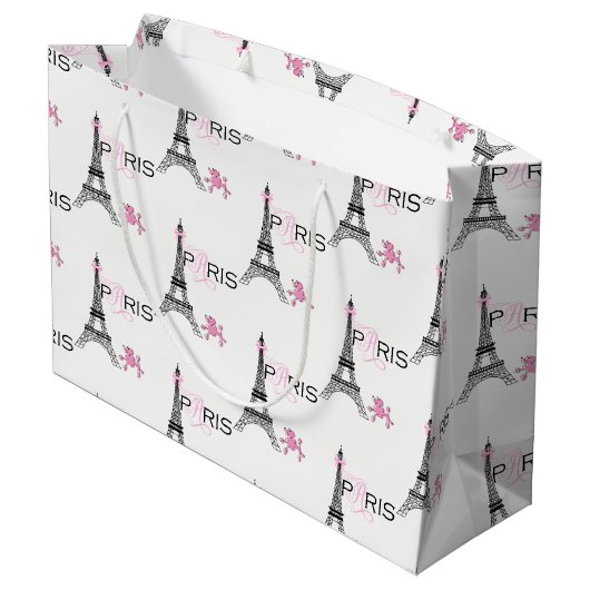 Pink Bow Eiffel Tower Paris Frankreich Poodle Chic Große Geschenktüte (Rückseite Schrägansicht)