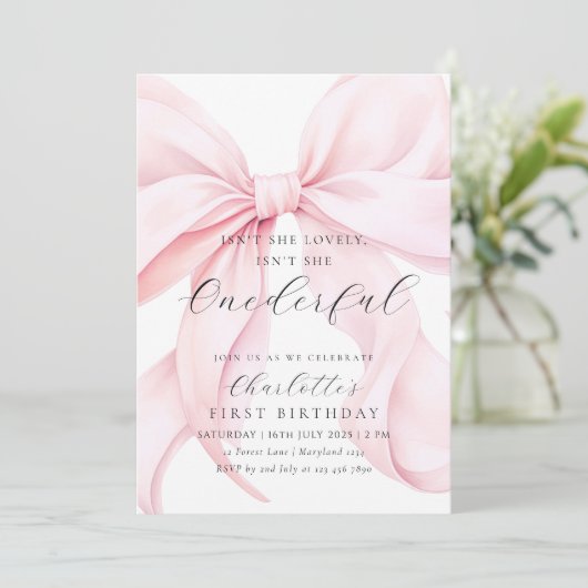 Pink Bow Einladung zum ersten Geburtstag (Stehend Vorderseite)