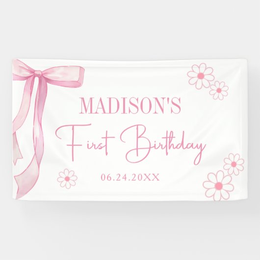 Pink Bow Elegant 1. Geburtstag Banner (Horizontal)