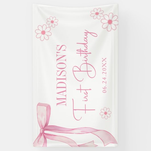 Pink Bow Elegant 1. Geburtstag Banner (Vertikal)
