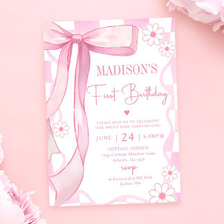 Pink Bow Elegant 1. Geburtstag Einladung