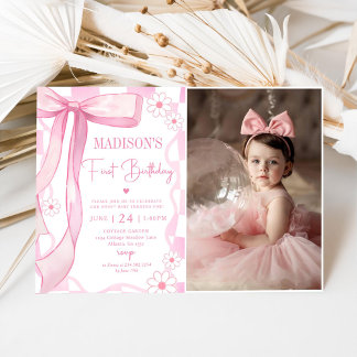 Pink Bow Elegant 1. Geburtstag Foto Einladung
