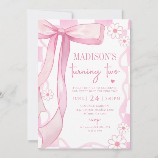 Pink Bow Elegant 2. Geburtstag Einladung (Vorderseite)