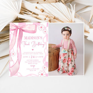 Pink Bow Elegant 3. Geburtstag Foto Einladung