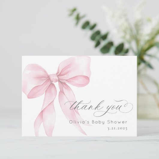 Pink Bow Elegant Baby Girl Dusche Danke Karte (Stehend Vorderseite)