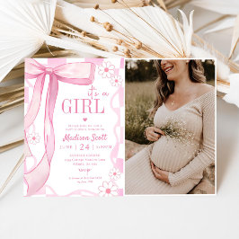 Pink Bow Elegant Baby Shower Foto Einladung