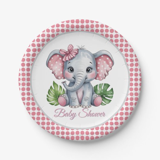 Pink Bow Elephant Girl Baby Dusche Pappteller (Vorderseite)