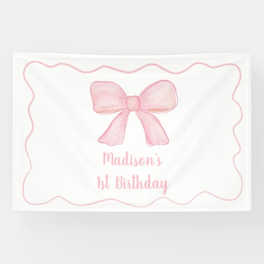 Pink Bow Erster Geburtstag Banner (Horizontal)