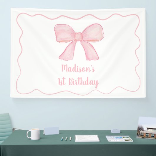 Pink Bow Erster Geburtstag Banner (Messe)