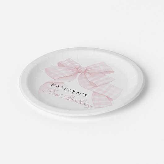 Pink Bow Erster Geburtstag Pappteller (Schrägansicht)