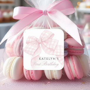 Pink Bow Erster Geburtstag Quadratischer Aufkleber