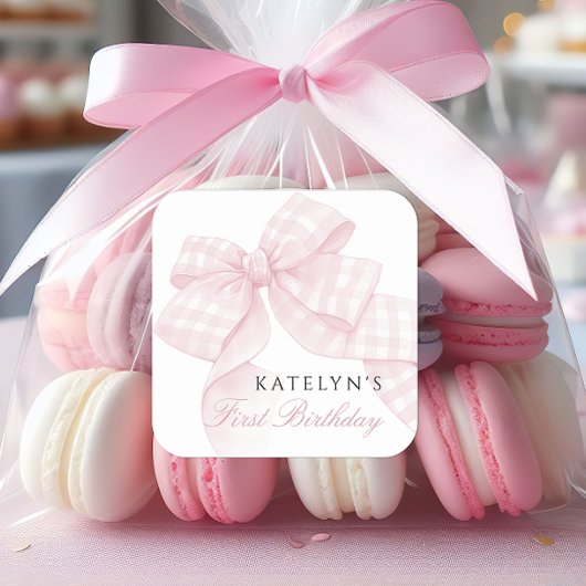 Pink Bow Erster Geburtstag Quadratischer Aufkleber