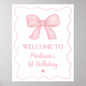 Pink Bow Erster Geburtstag Willkommen Poster (Vorne)