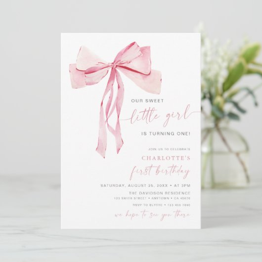 Pink Bow Erstgeburt Einladung Girl Coquette (Stehend Vorderseite)