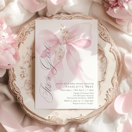 Pink Bow Es ist ein Mädchen in Blumenpastelltönen Einladung