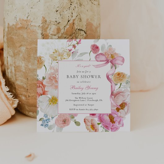 Pink Bow Es ist eine Girl Wildblume Babydusche Einladung